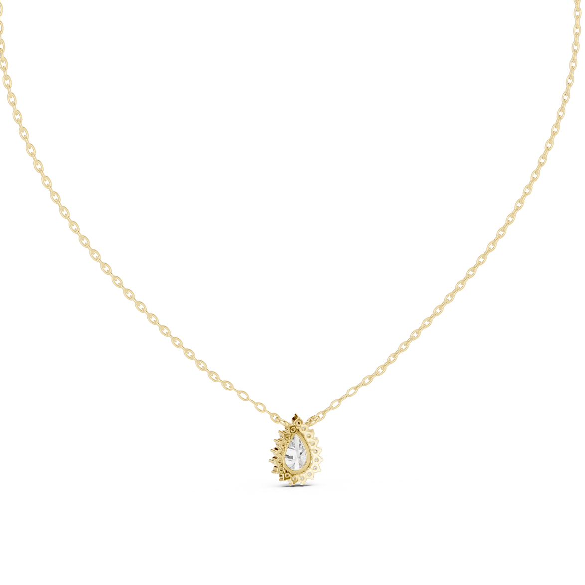 Elegant pear cut halo diamond pendant in gold with lab grown diamonds by Signora Jewels