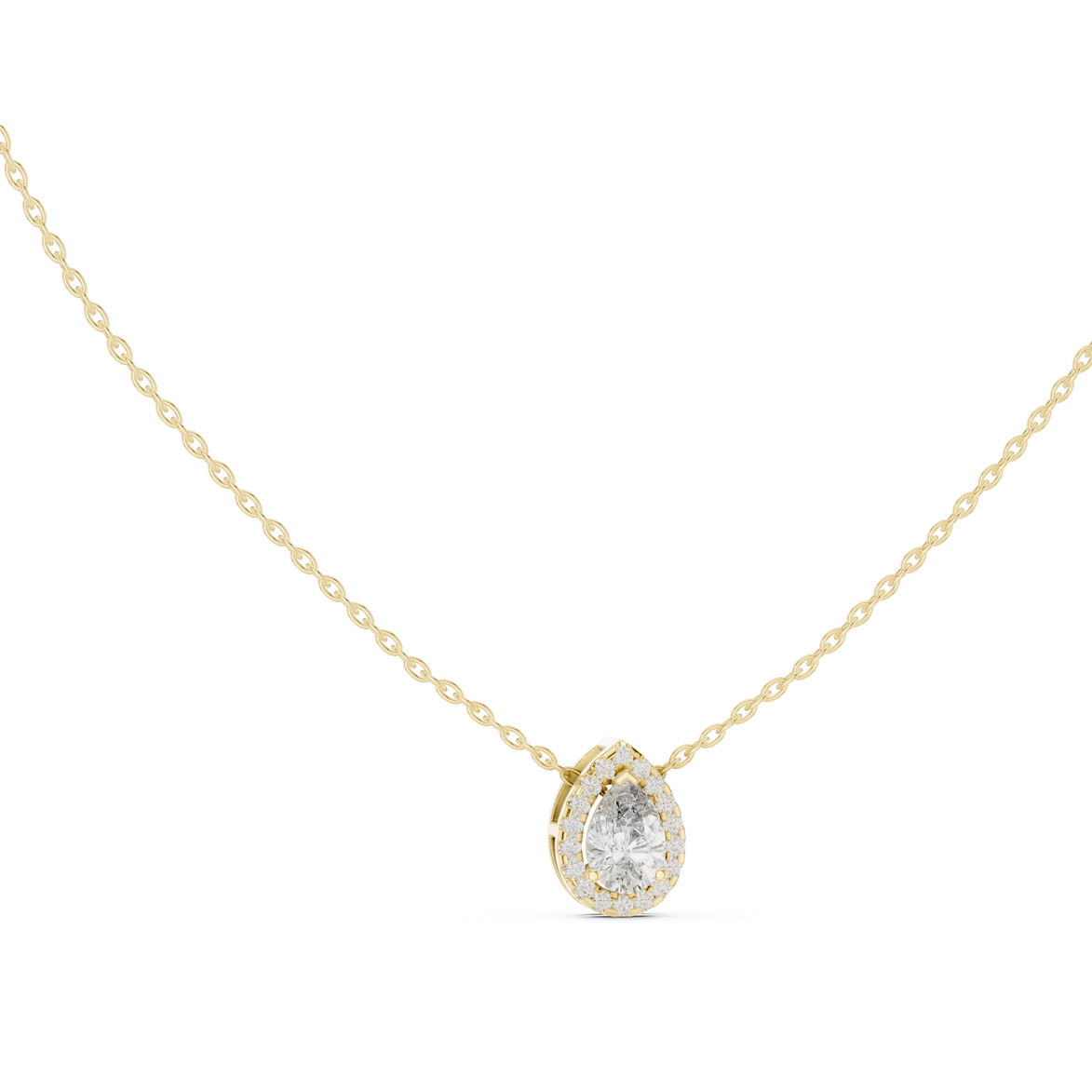 Elegant pear cut halo diamond pendant in gold with lab grown diamonds by Signora Jewels