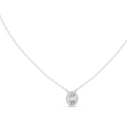 Minimal oval halo diamond pendant in gold with lab grown diamonds by Signora Jewels