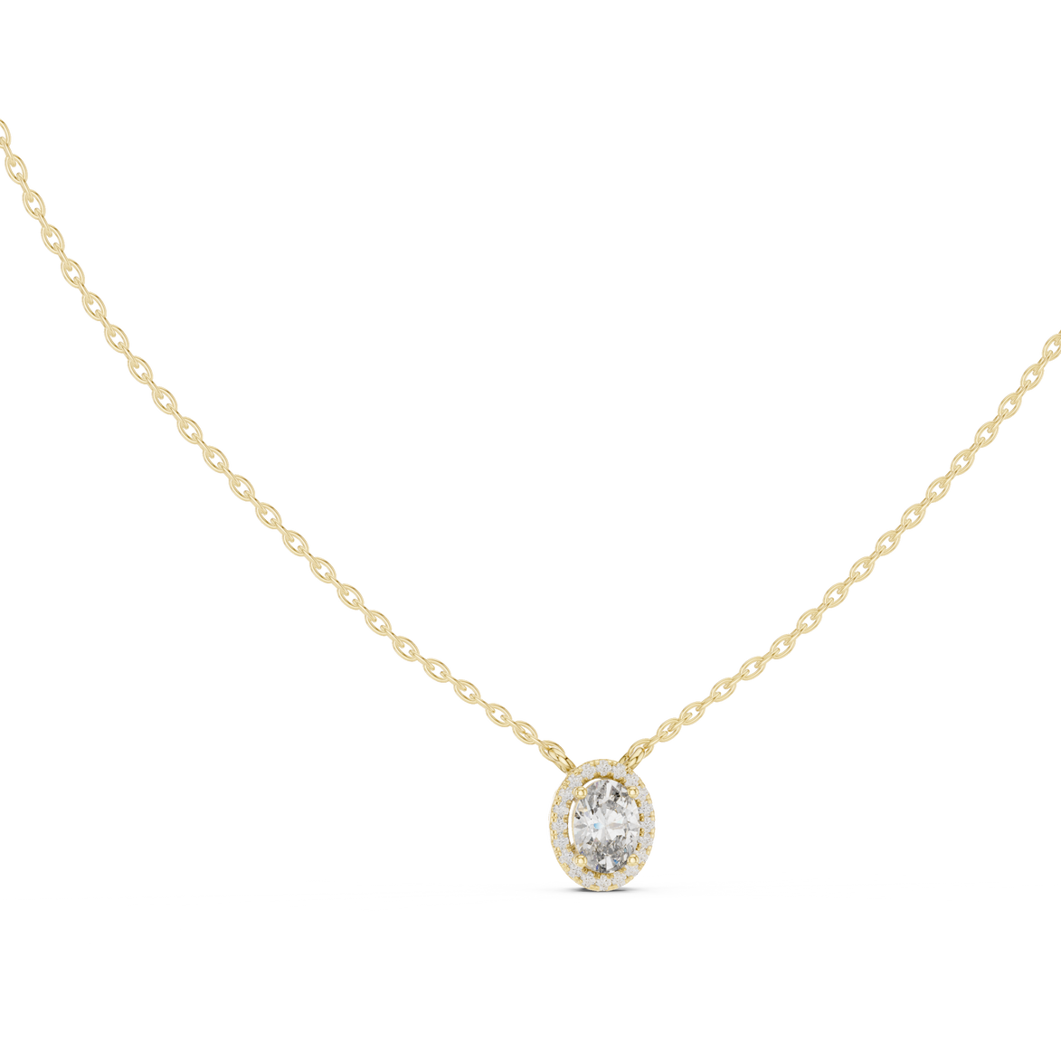 Minimal oval halo diamond pendant in gold with lab grown diamonds by Signora Jewels