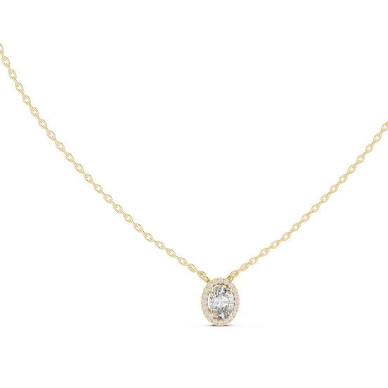 oval lab grown diamond halo pendant in yellow gold
