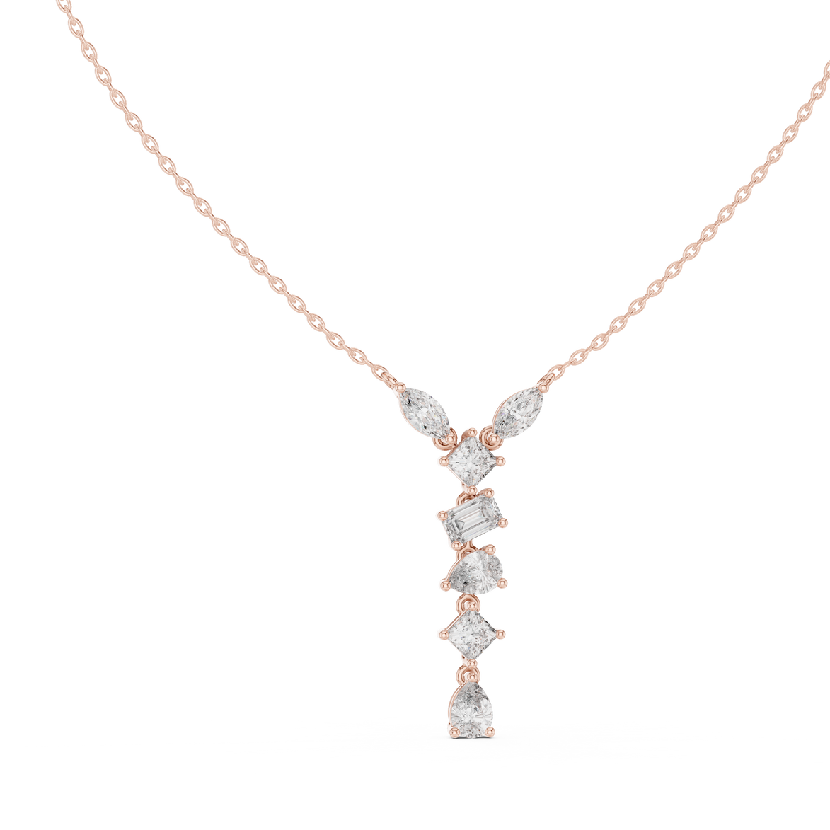 Mixed shape diamond drop pendant in gold with marquise, pear, emerald and princess cut lab grown diamonds by Signora Jewels