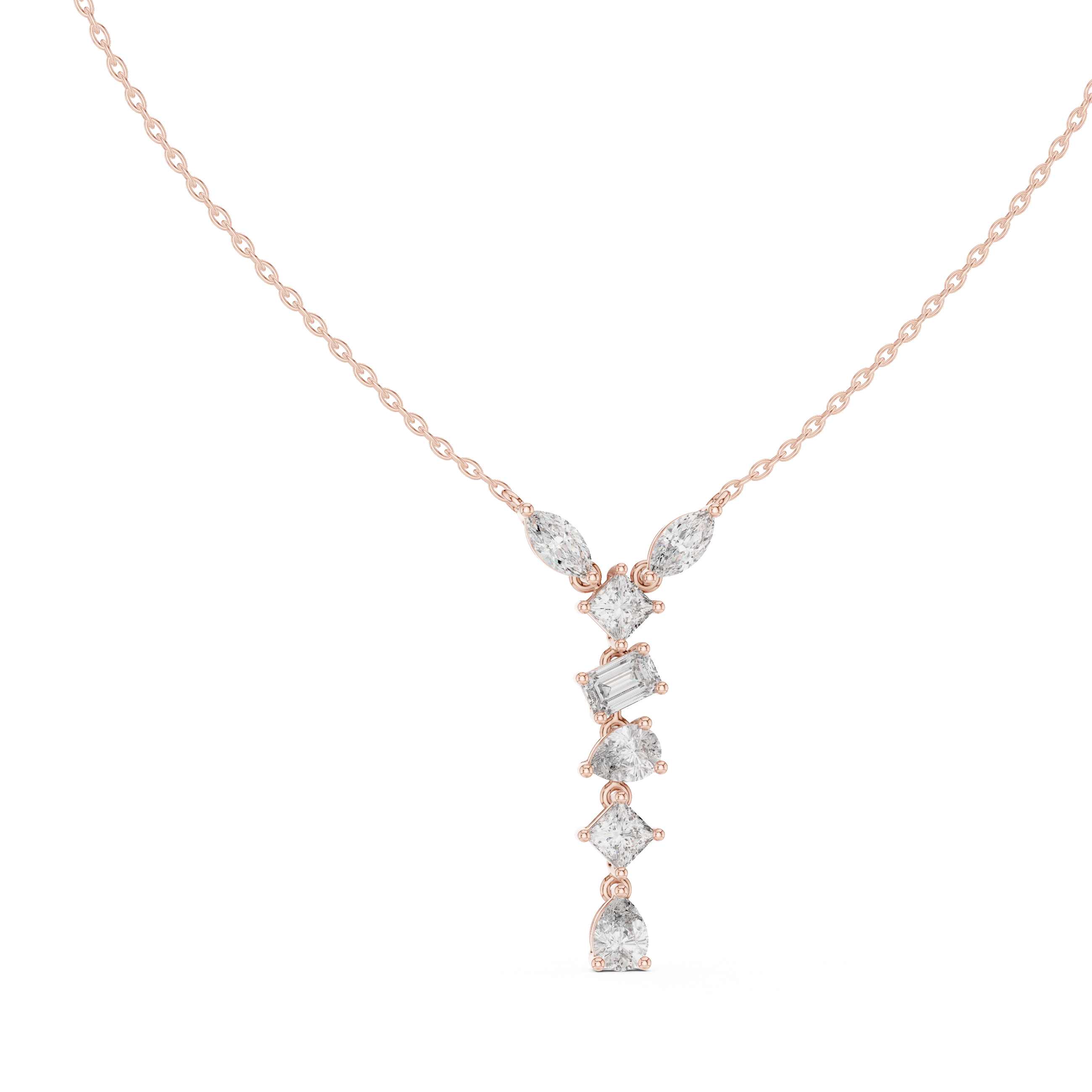 Mixed shape diamond drop pendant in gold with marquise, pear, emerald and princess cut lab grown diamonds by Signora Jewels