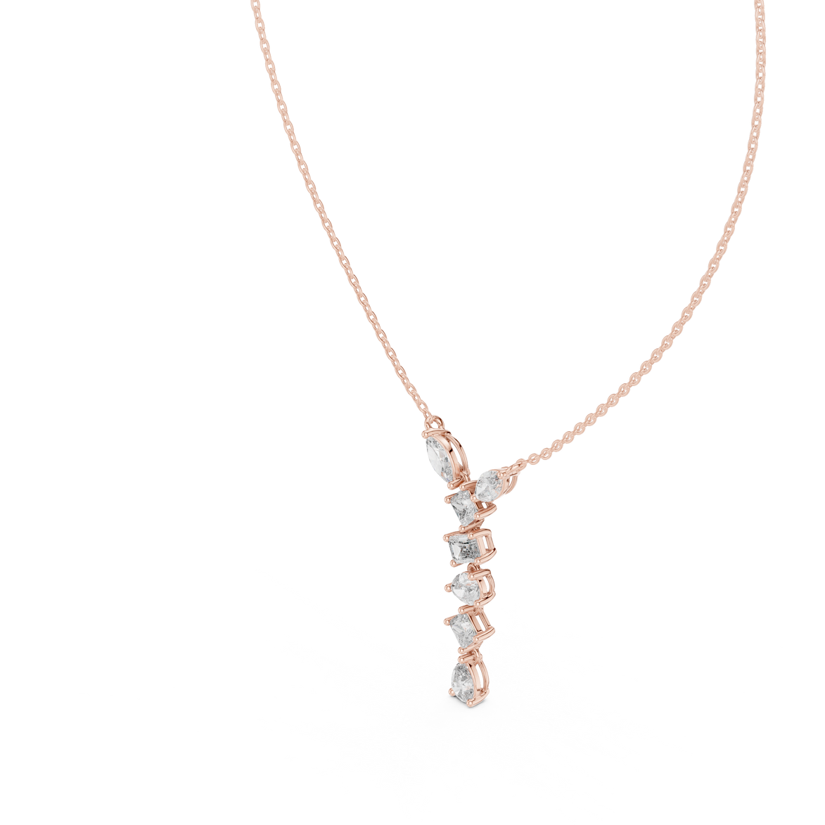 Mixed shape diamond drop pendant in gold with marquise, pear, emerald and princess cut lab grown diamonds by Signora Jewels