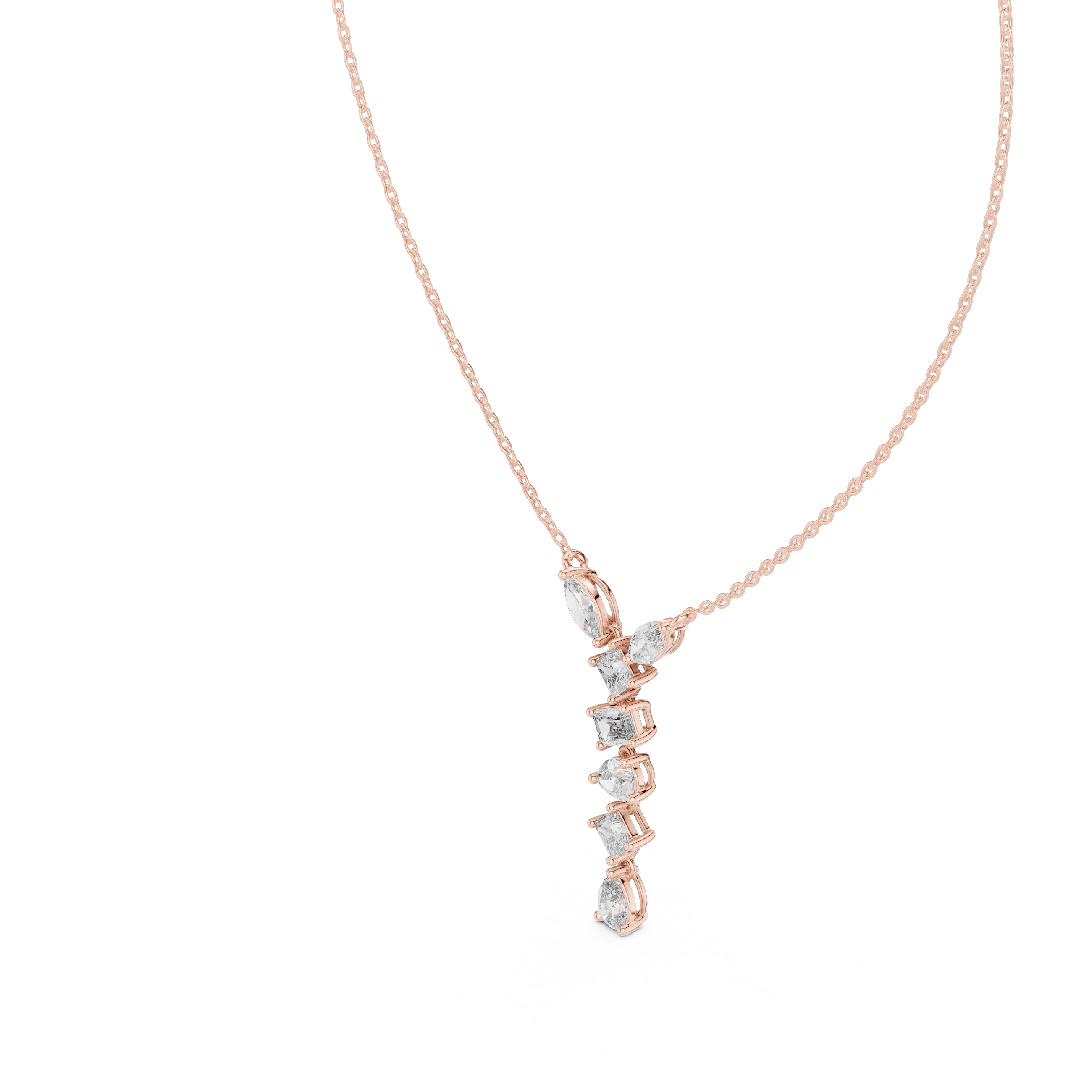 Mixed shape diamond drop pendant in gold with marquise, pear, emerald and princess cut lab grown diamonds by Signora Jewels