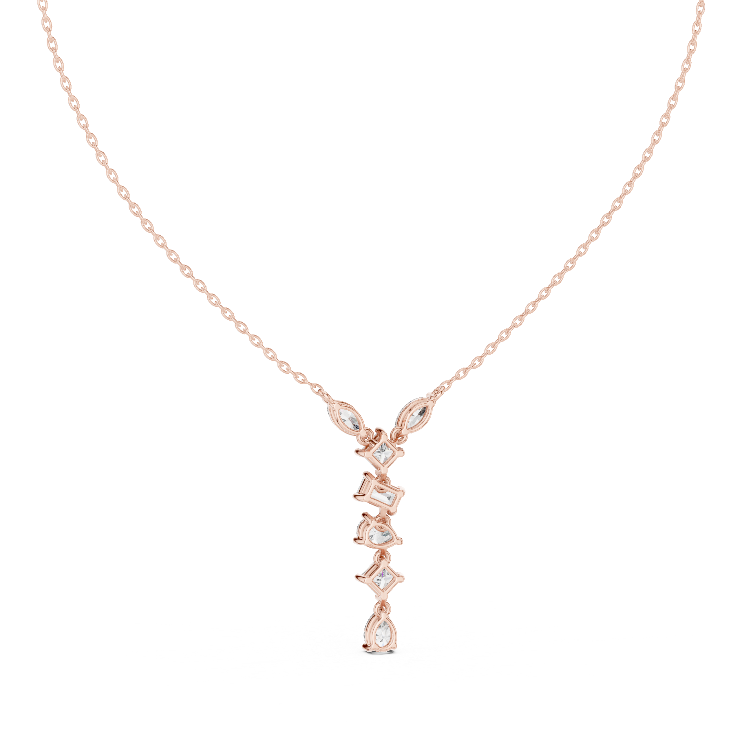Mixed shape diamond drop pendant in gold with marquise, pear, emerald and princess cut lab grown diamonds by Signora Jewels