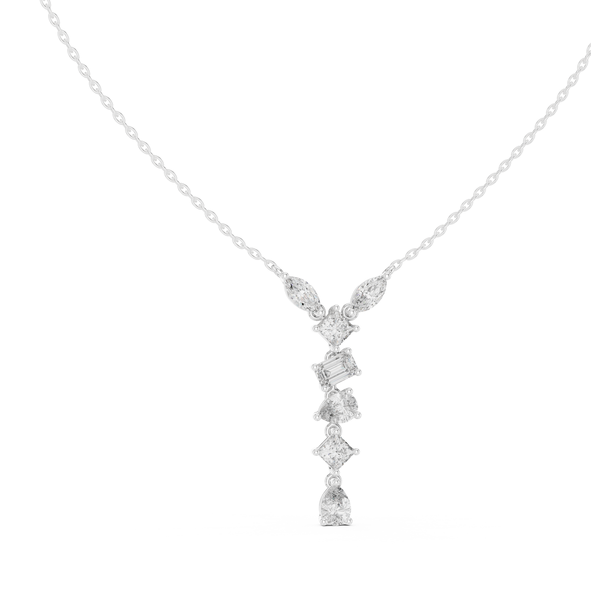 Mixed shape diamond drop pendant in gold with marquise, pear, emerald and princess cut lab grown diamonds by Signora Jewels