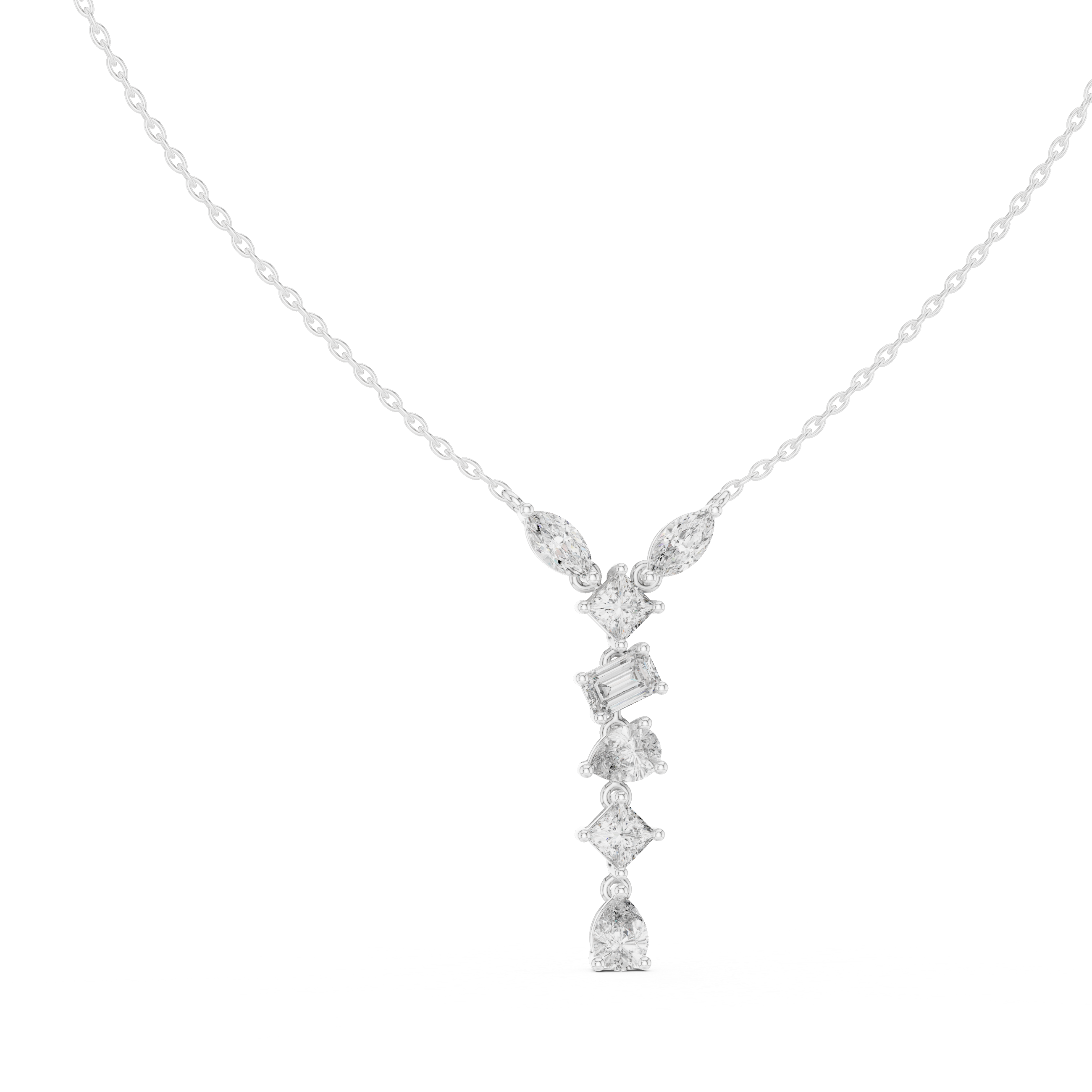 Mixed shape diamond drop pendant in gold with marquise, pear, emerald and princess cut lab grown diamonds by Signora Jewels