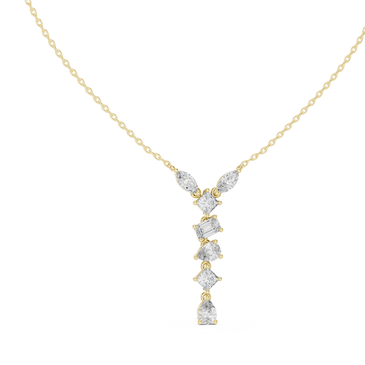 Mixed shape diamond drop pendant in gold with marquise, pear, emerald and princess cut lab grown diamonds by Signora Jewels