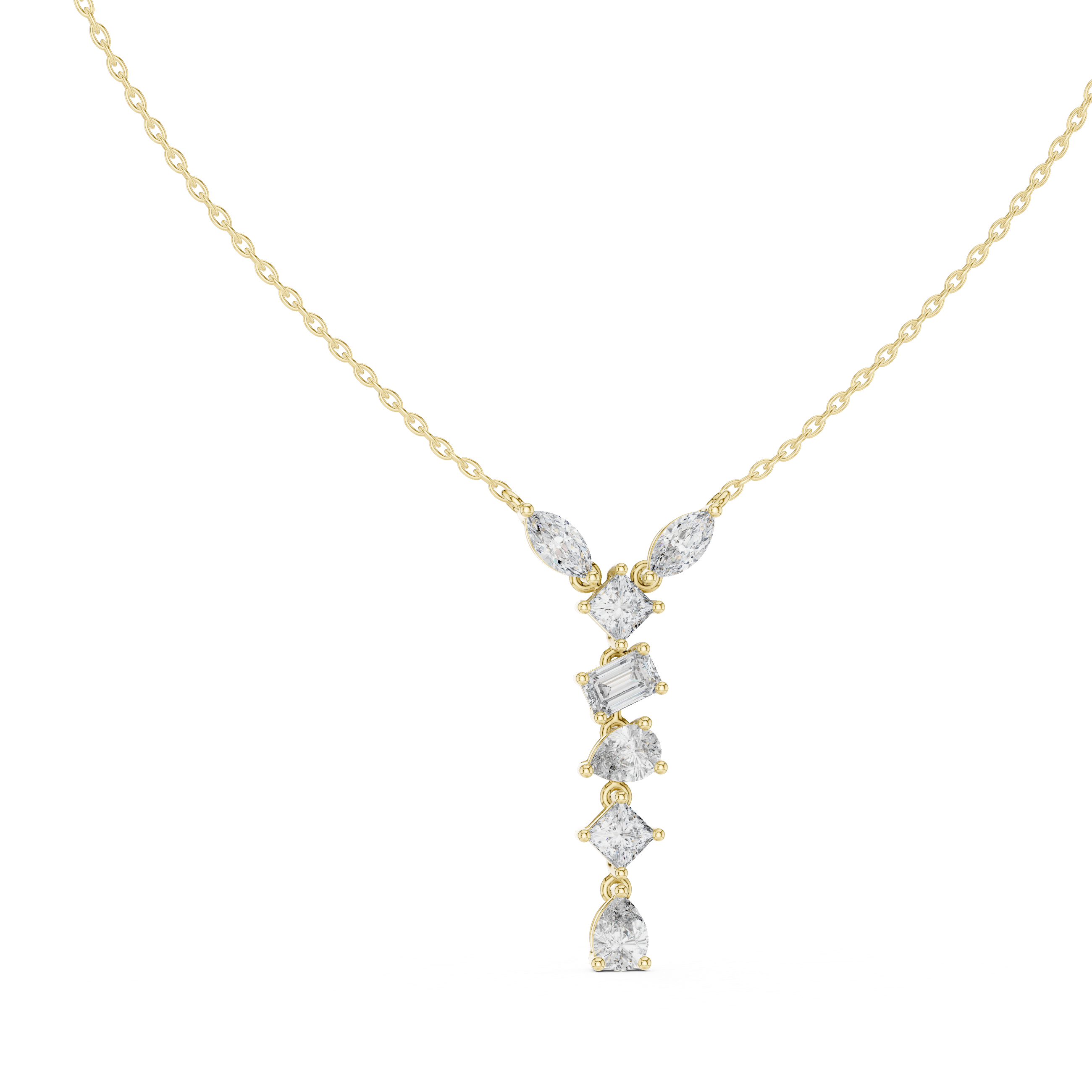 Mixed shape diamond drop pendant in gold with marquise, pear, emerald and princess cut lab grown diamonds by Signora Jewels
