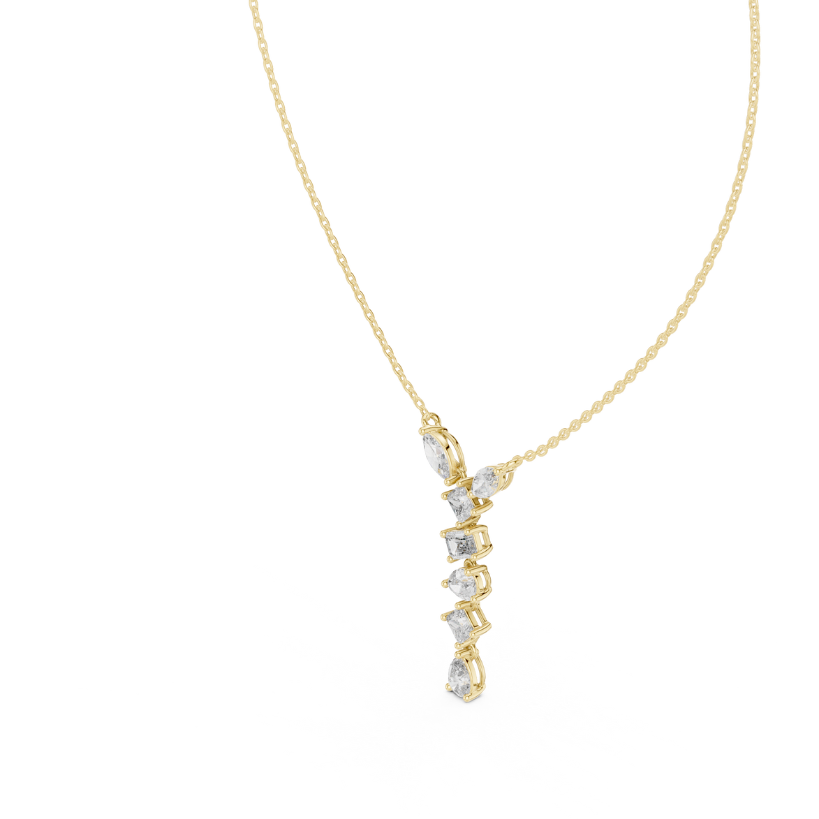 Mixed shape diamond drop pendant in gold with marquise, pear, emerald and princess cut lab grown diamonds by Signora Jewels
