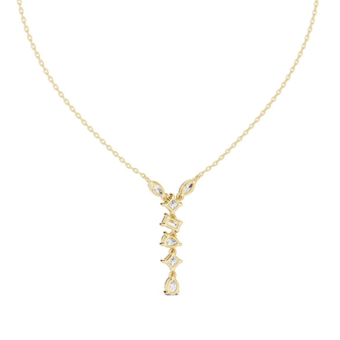 Mixed shape diamond drop pendant in gold with marquise, pear, emerald and princess cut lab grown diamonds by Signora Jewels