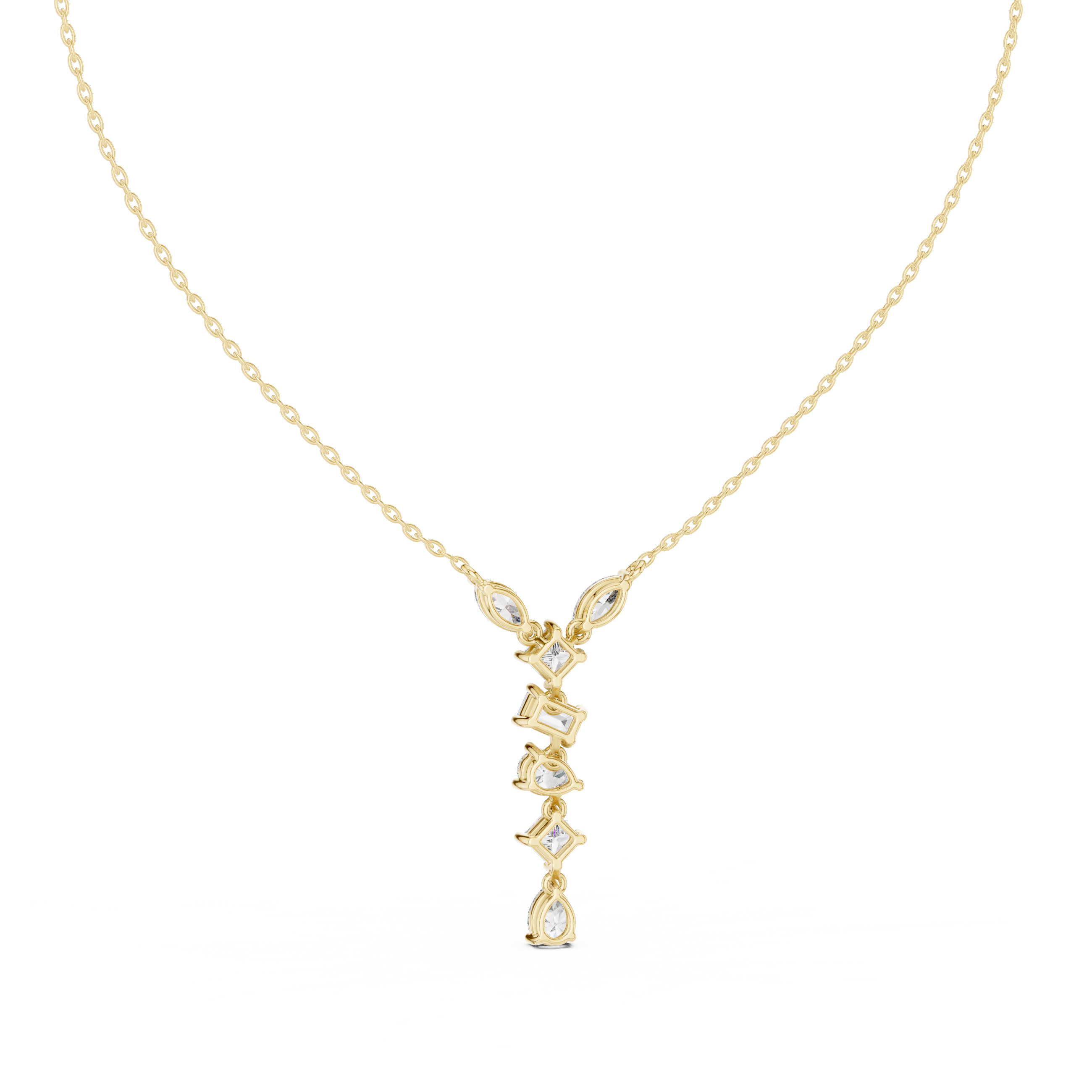 Mixed shape diamond drop pendant in gold with marquise, pear, emerald and princess cut lab grown diamonds by Signora Jewels