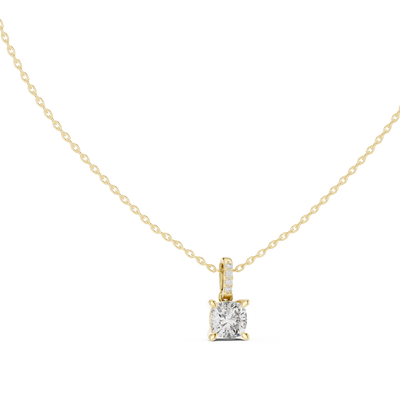 classic cushion lab grown diamond solitaire pendant in yellow gold