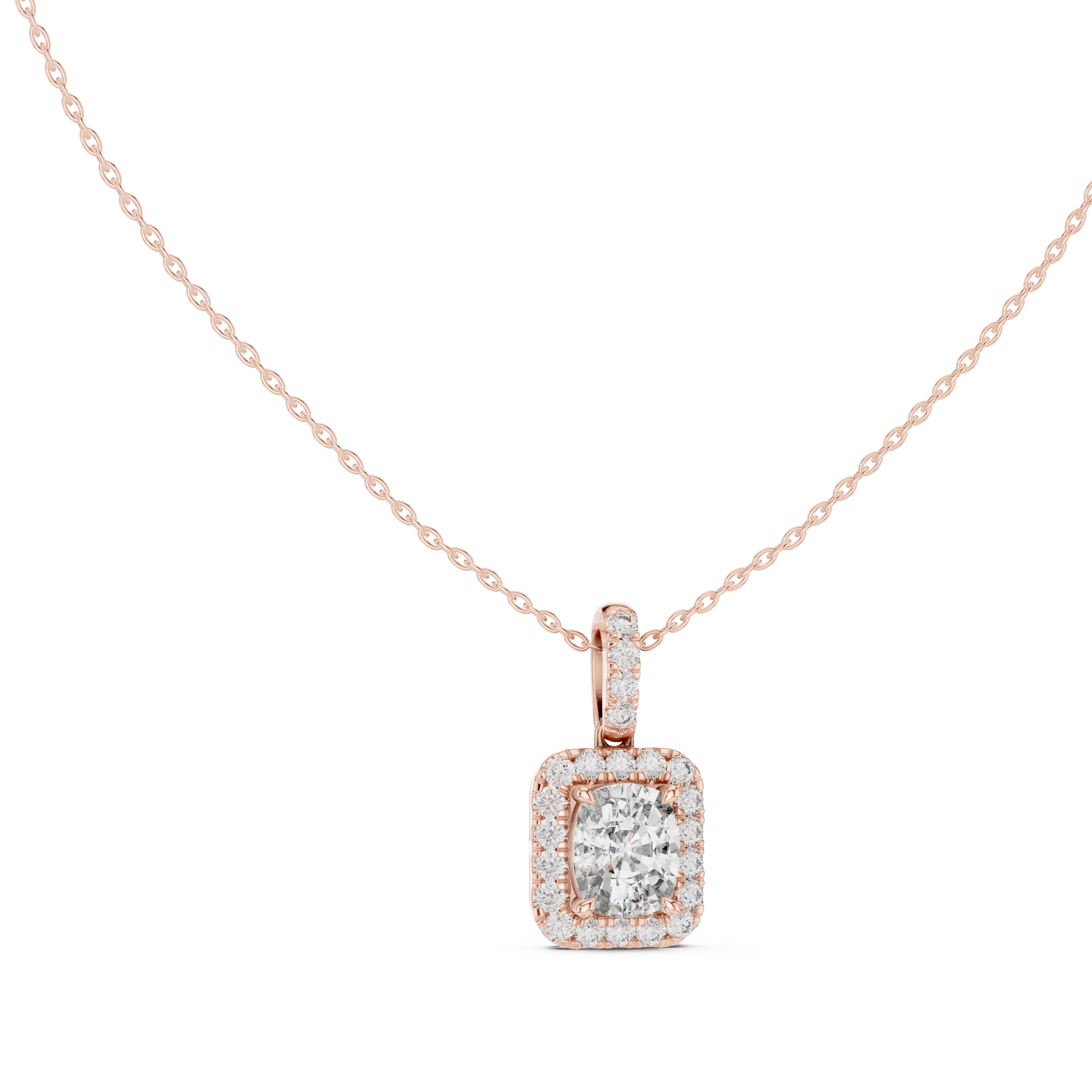 Cushion cut halo diamond pendant in gold with lab grown diamonds by Signora Jewels