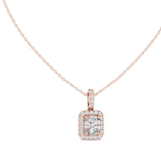 Cushion Cut Lab Grown Diamond Halo Pendant in Rose Gold
