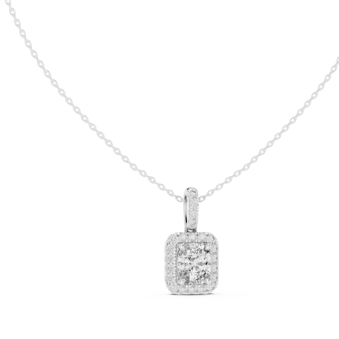 Cushion cut halo diamond pendant in gold with lab grown diamonds by Signora Jewels
