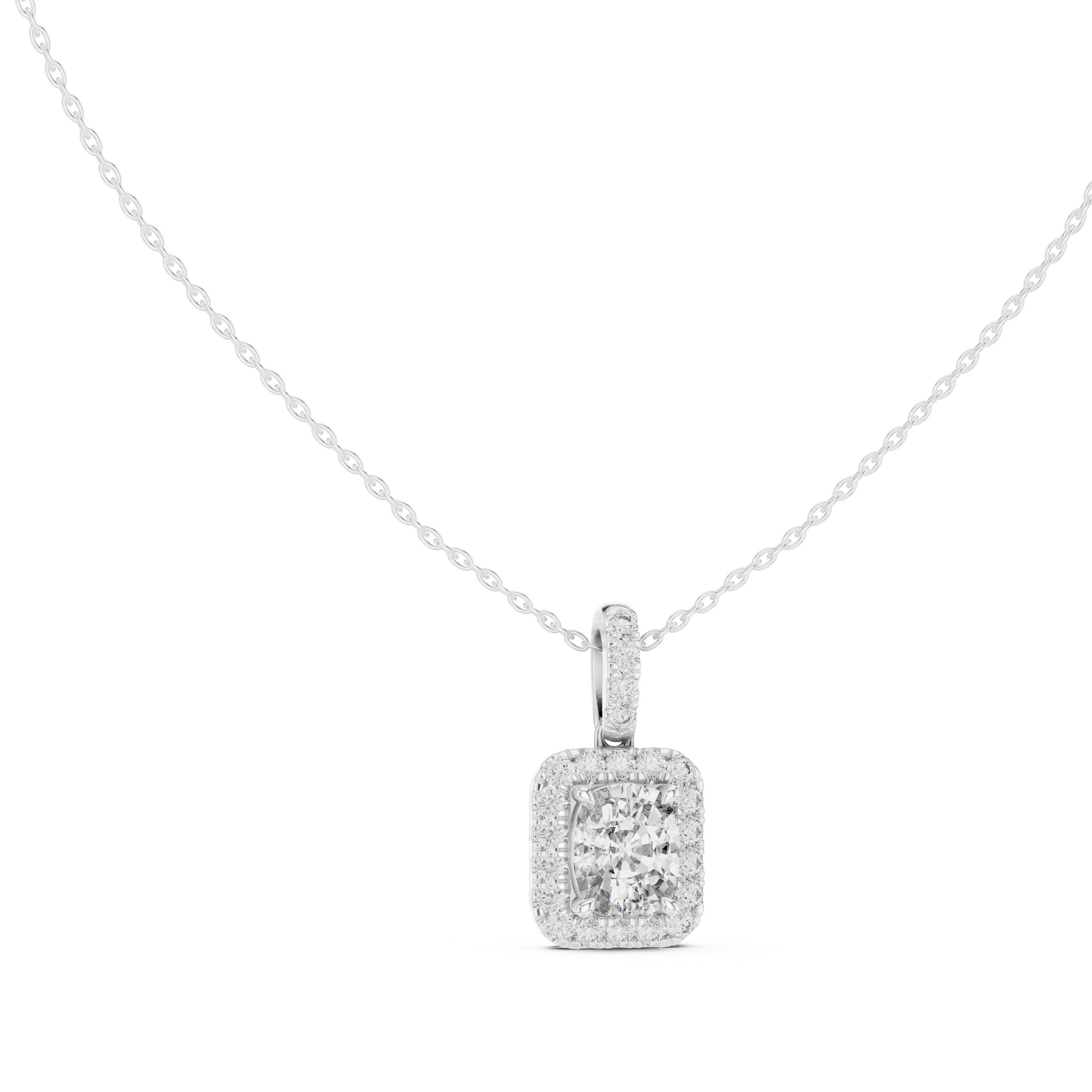 Cushion cut halo diamond pendant in gold with lab grown diamonds by Signora Jewels