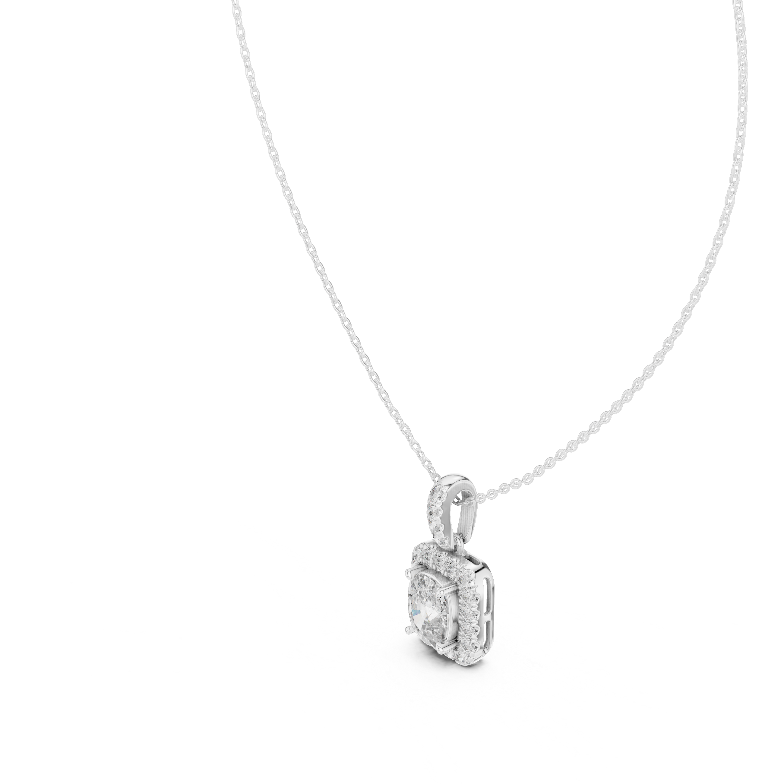 Cushion cut halo diamond pendant in gold with lab grown diamonds by Signora Jewels