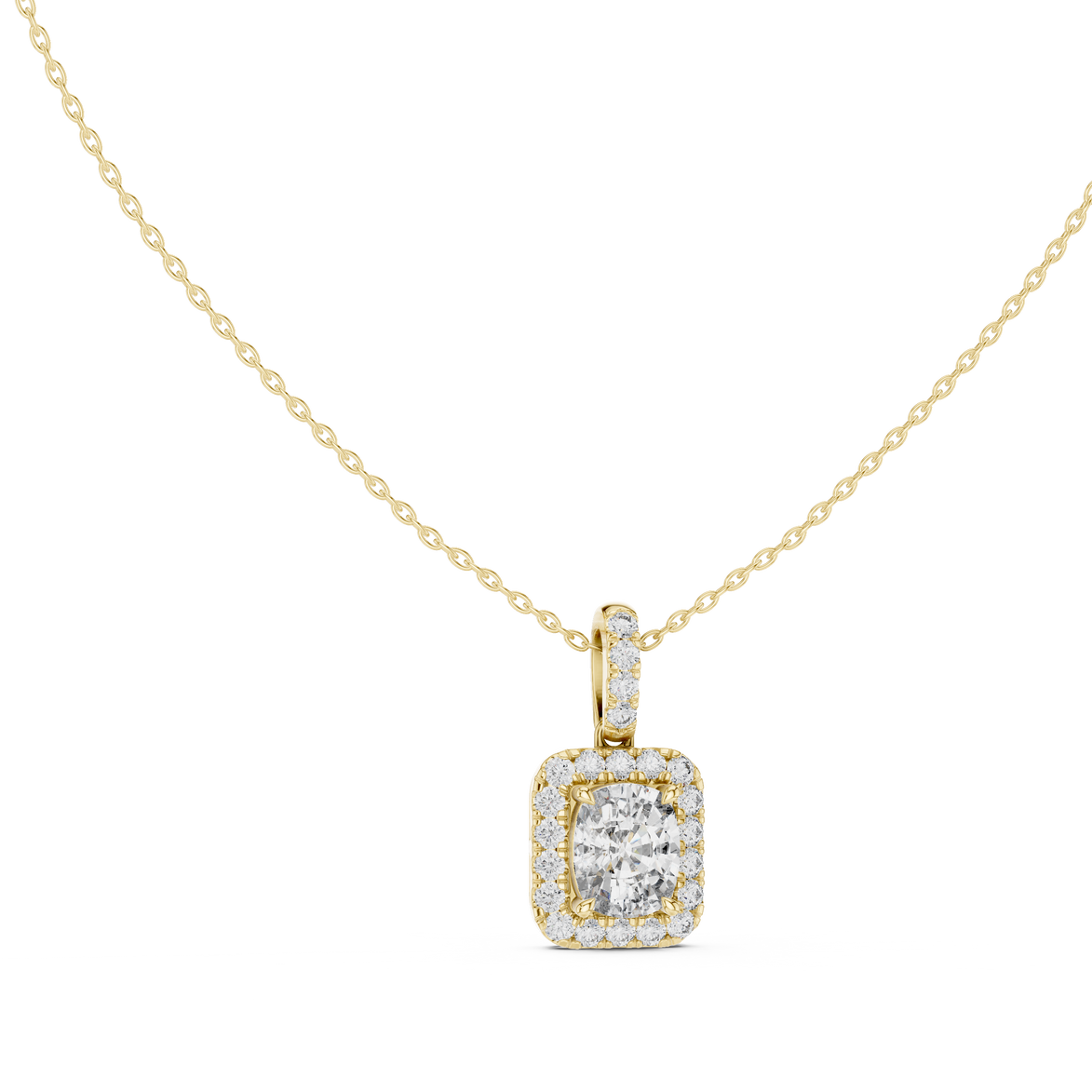 Cushion cut halo diamond pendant in gold with lab grown diamonds by Signora Jewels