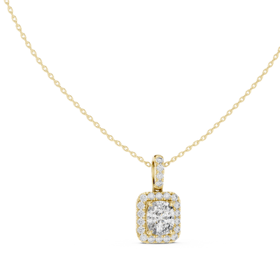 Cushion Cut Lab Grown Diamond Halo Pendant in Yellow Gold