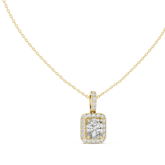 Cushion Cut Lab Grown Diamond Halo Pendant in Yellow Gold