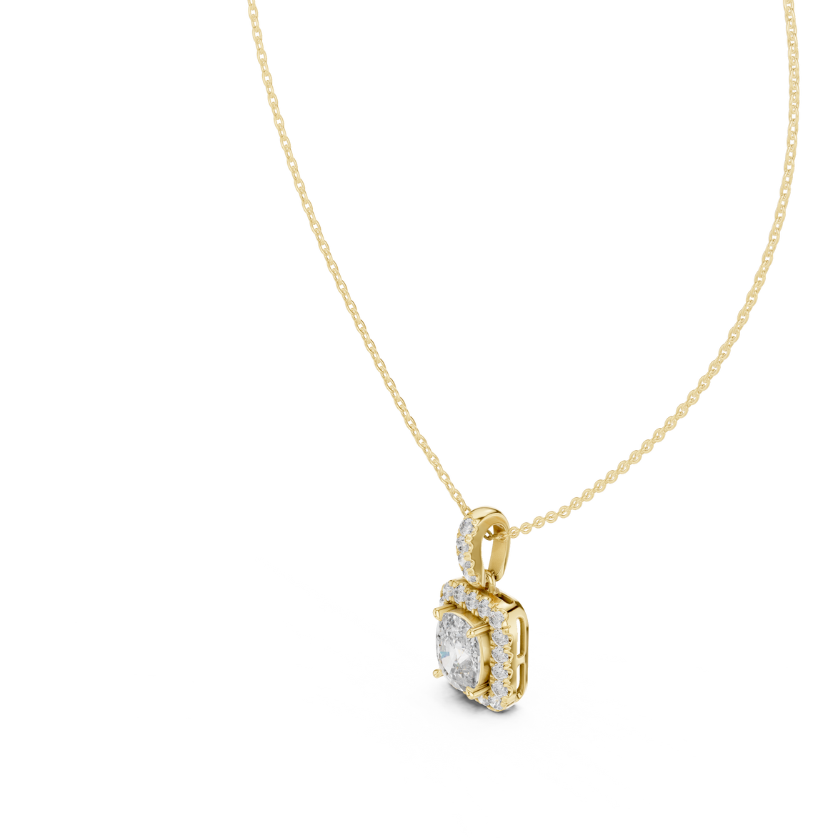Cushion cut halo diamond pendant in gold with lab grown diamonds by Signora Jewels