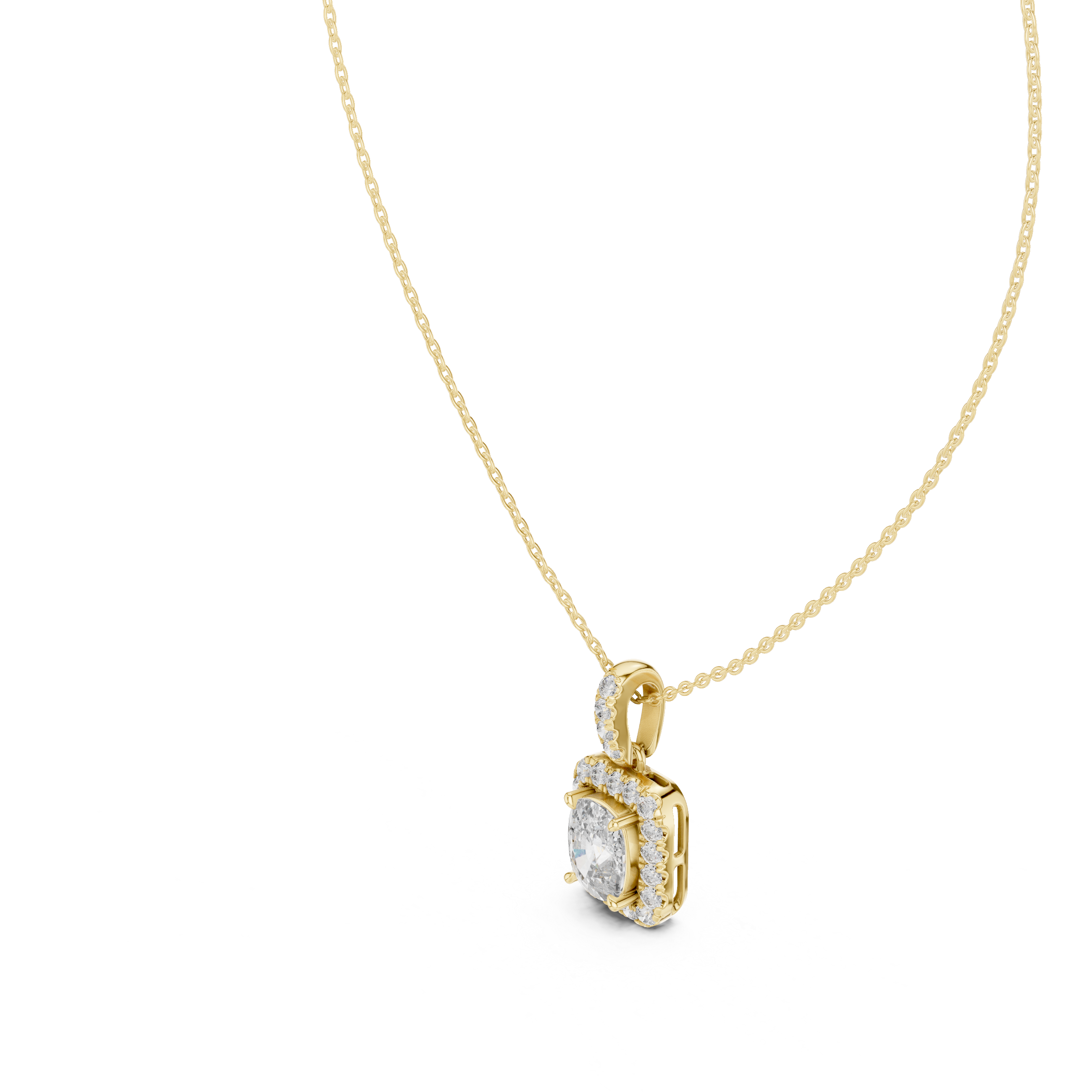Cushion cut halo diamond pendant in gold with lab grown diamonds by Signora Jewels