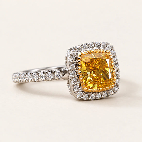 Yellow Cushion Cut Lab Grown Diamond Halo Engagement Ring in White Gold