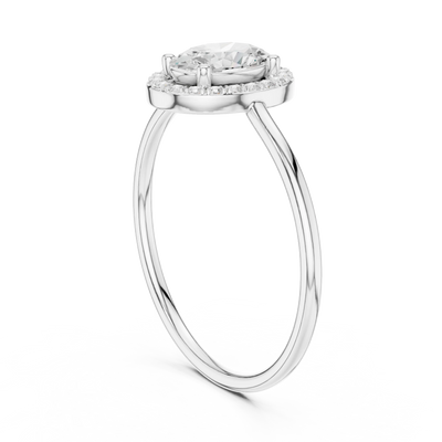 Oval lab grown diamond halo ring in white gold