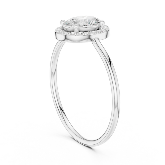 Oval lab grown diamond halo ring in white gold