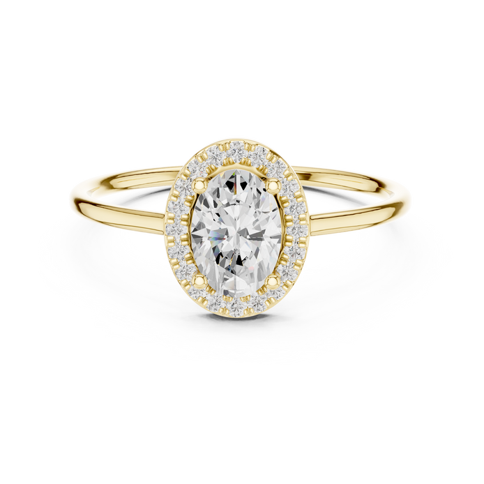 Ladies oval halo diamond ring in gold with oval and round lab grown diamonds by Signora Jewels