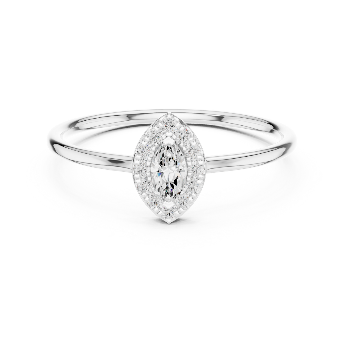 Ladies marquise halo diamond ring in gold with marquise and round lab grown diamonds by Signora Jewels