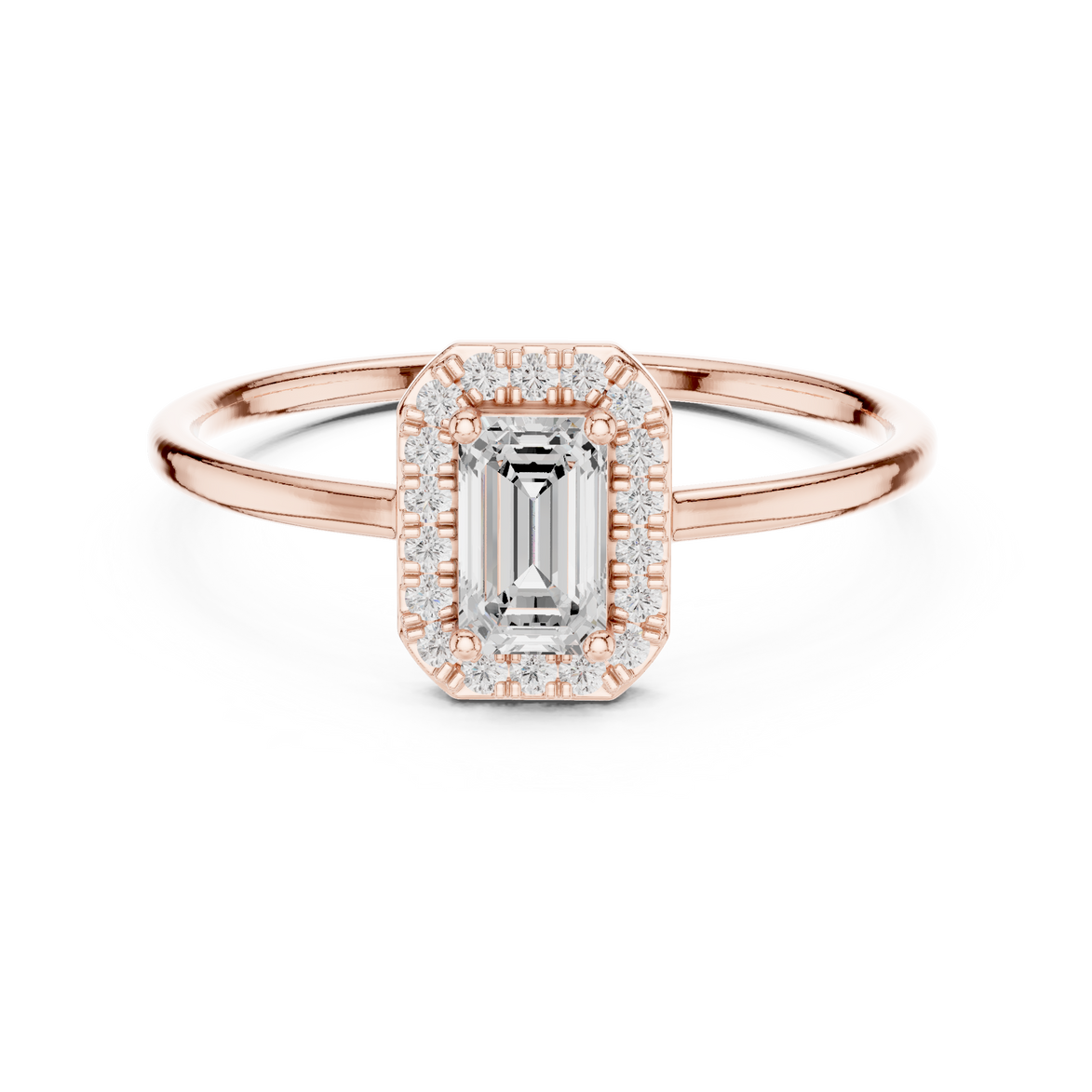 Ladies emerald halo diamond ring in gold with emerald and round lab grown diamonds by Signora Jewels