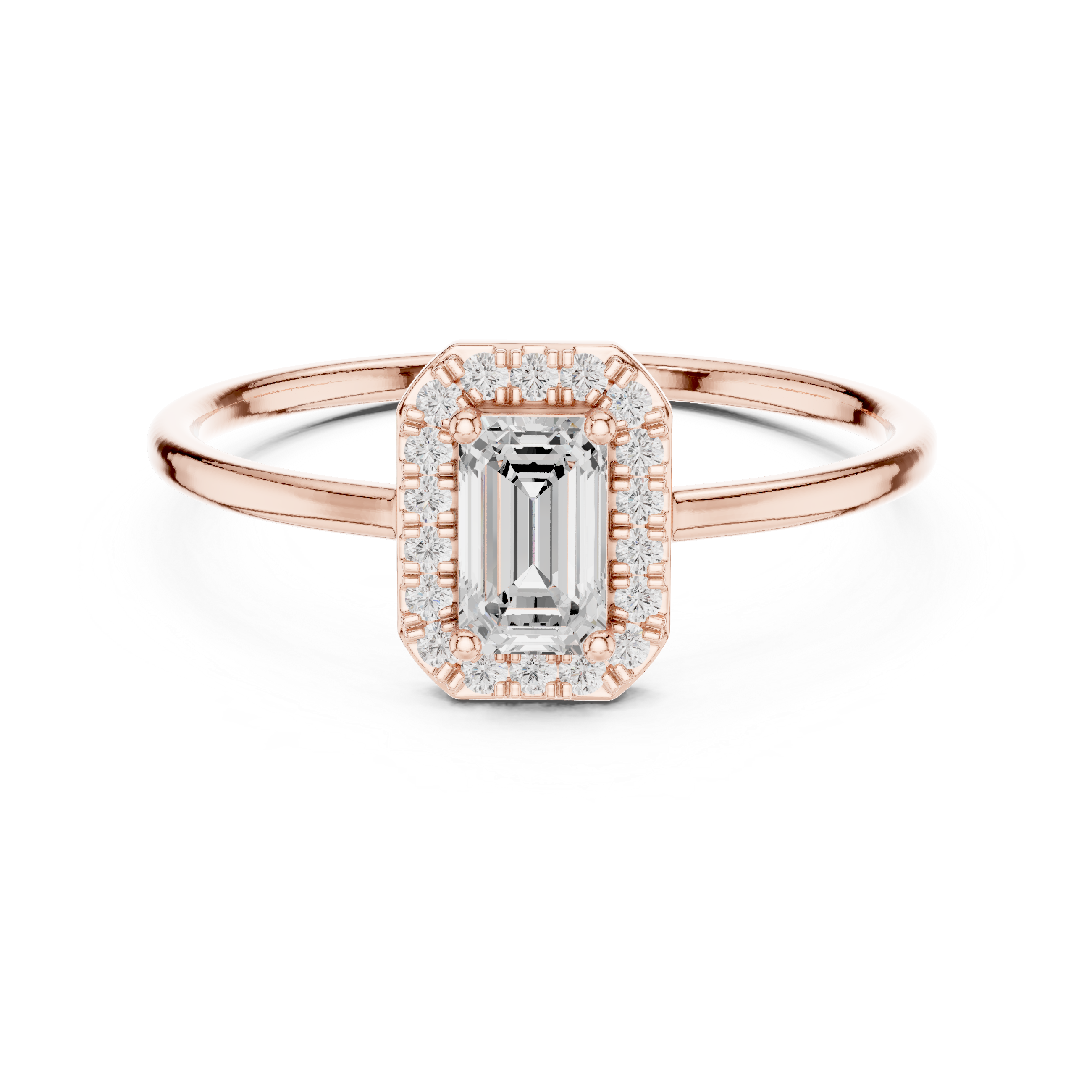 Ladies emerald halo diamond ring in gold with emerald and round lab grown diamonds by Signora Jewels