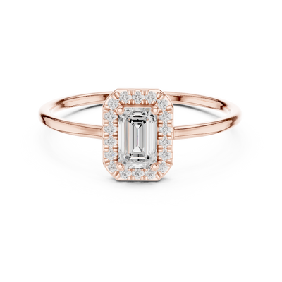 Ladies emerald halo diamond ring in gold with emerald and round lab grown diamonds by Signora Jewels