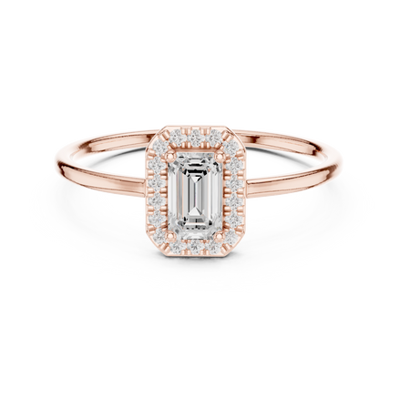Ladies emerald halo diamond ring in gold with emerald and round lab grown diamonds by Signora Jewels
