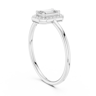 Emerald lab grown diamond halo ring in white gold