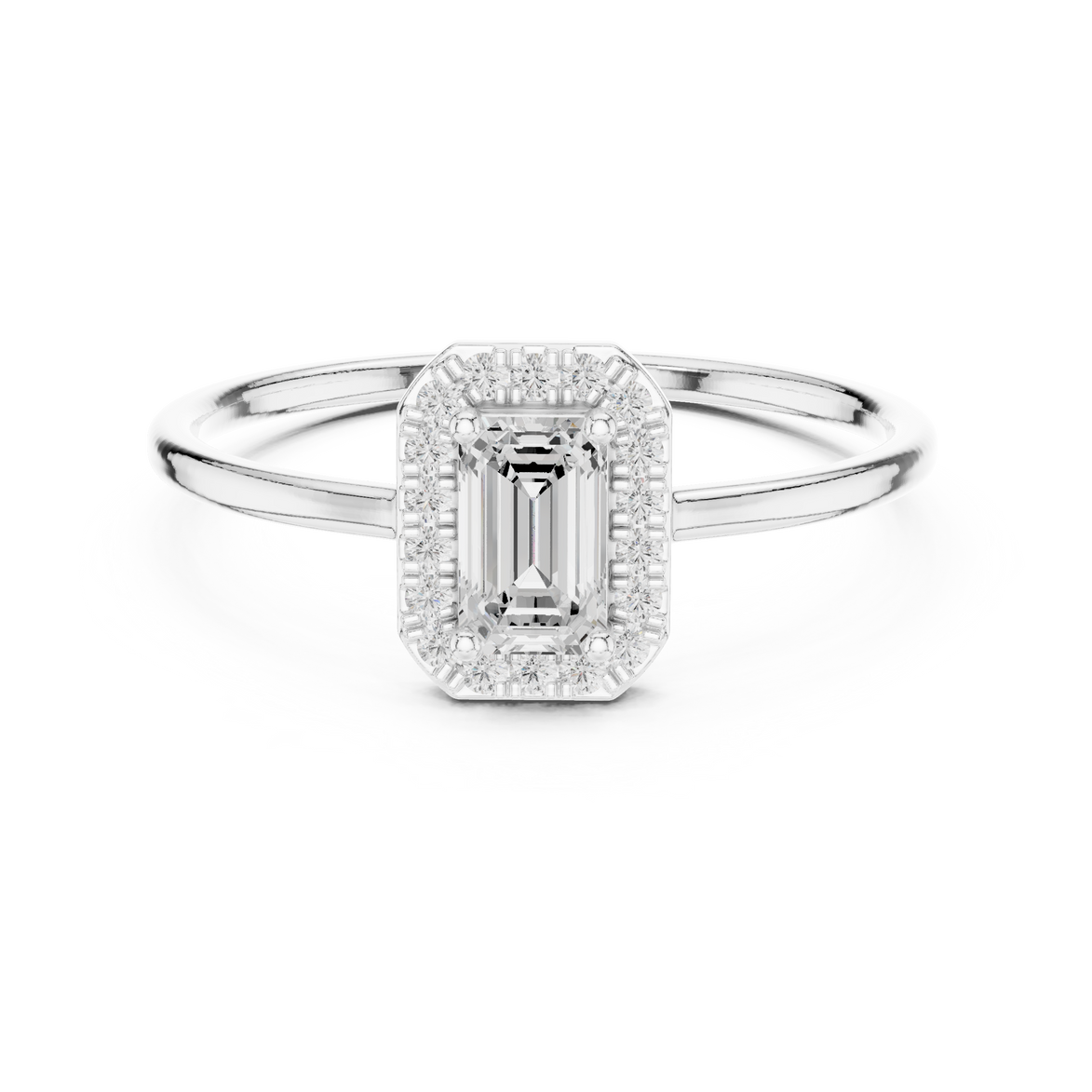 Ladies emerald halo diamond ring in gold with emerald and round lab grown diamonds by Signora Jewels