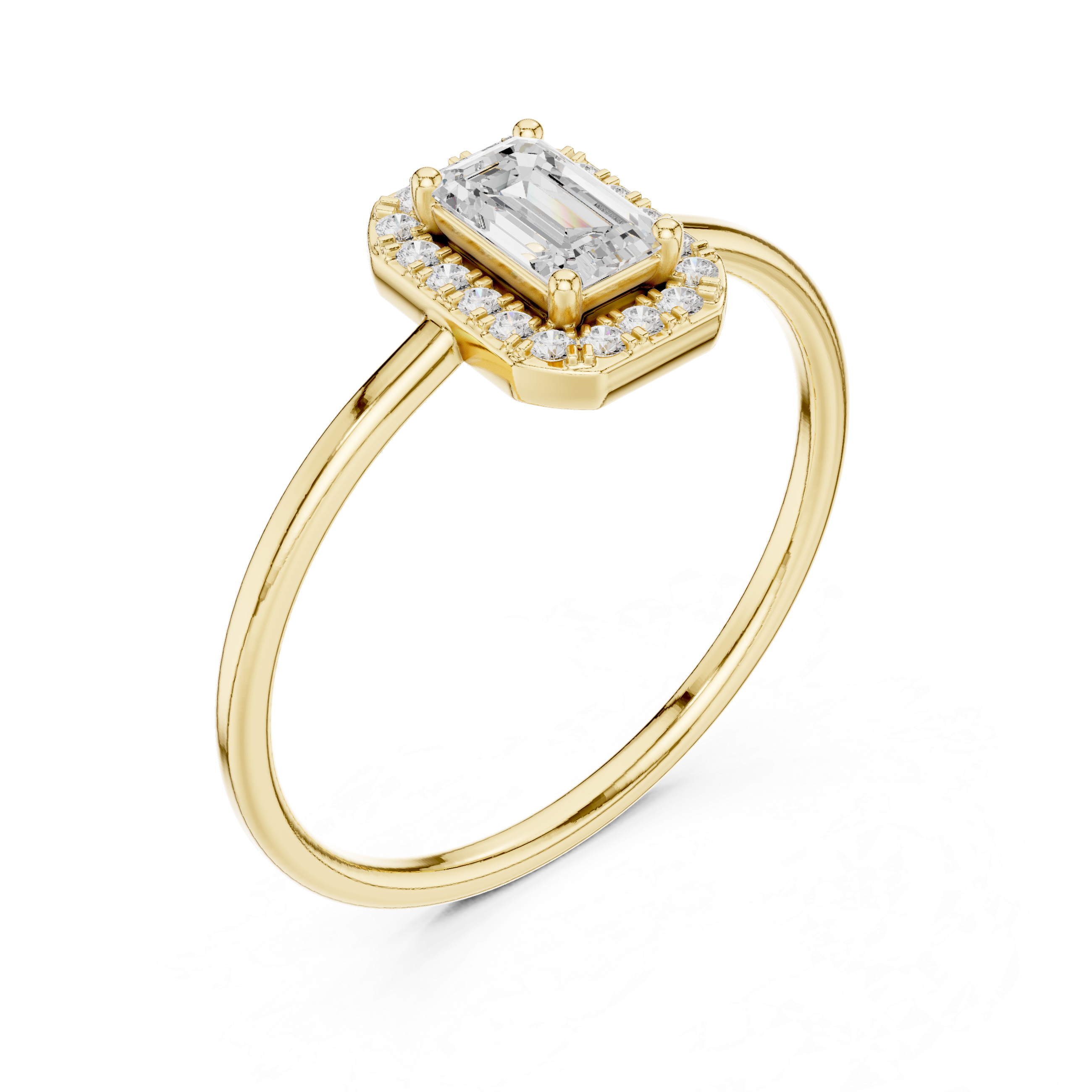 Ladies emerald halo diamond ring in gold with emerald and round lab grown diamonds by Signora Jewels