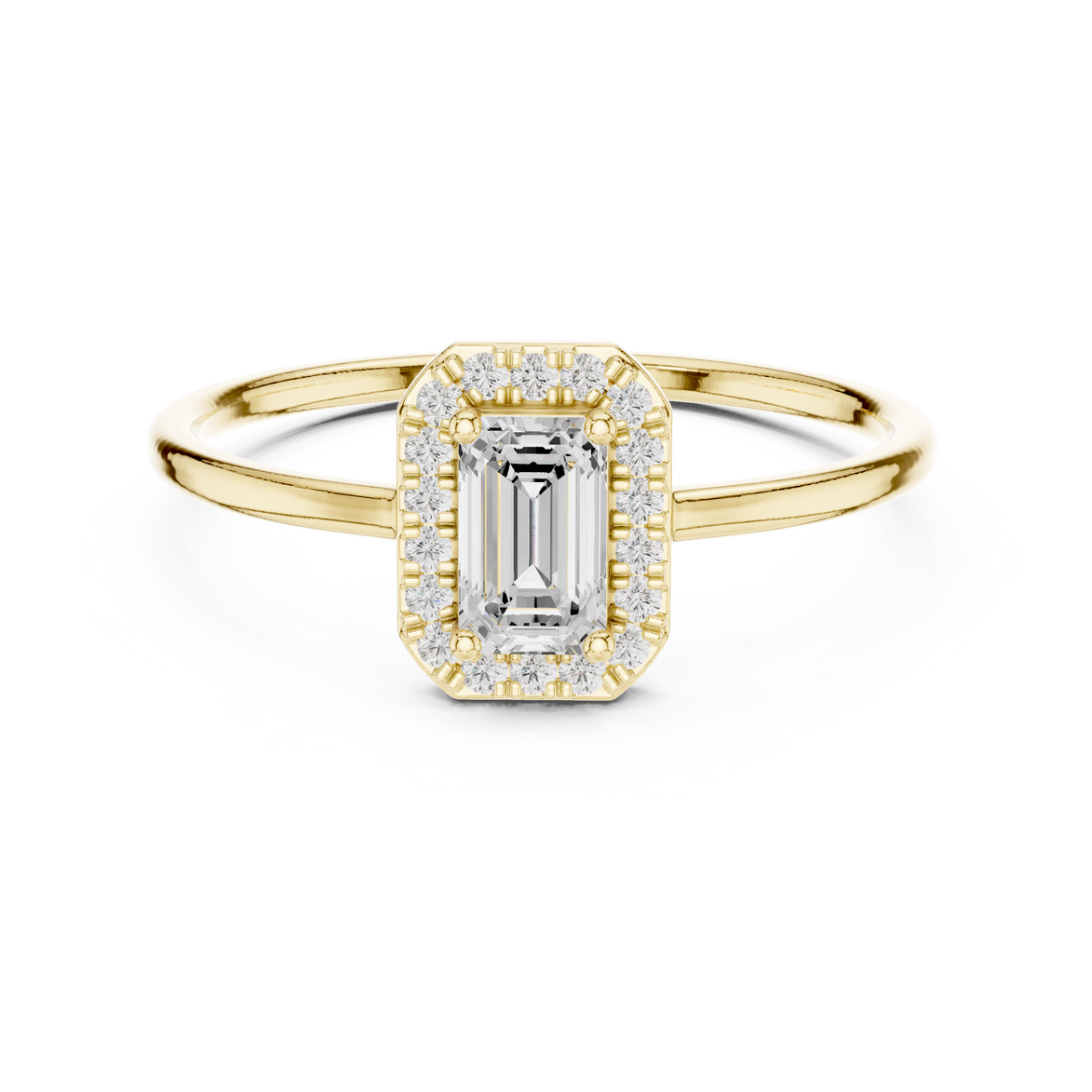 Ladies emerald halo diamond ring in gold with emerald and round lab grown diamonds by Signora Jewels