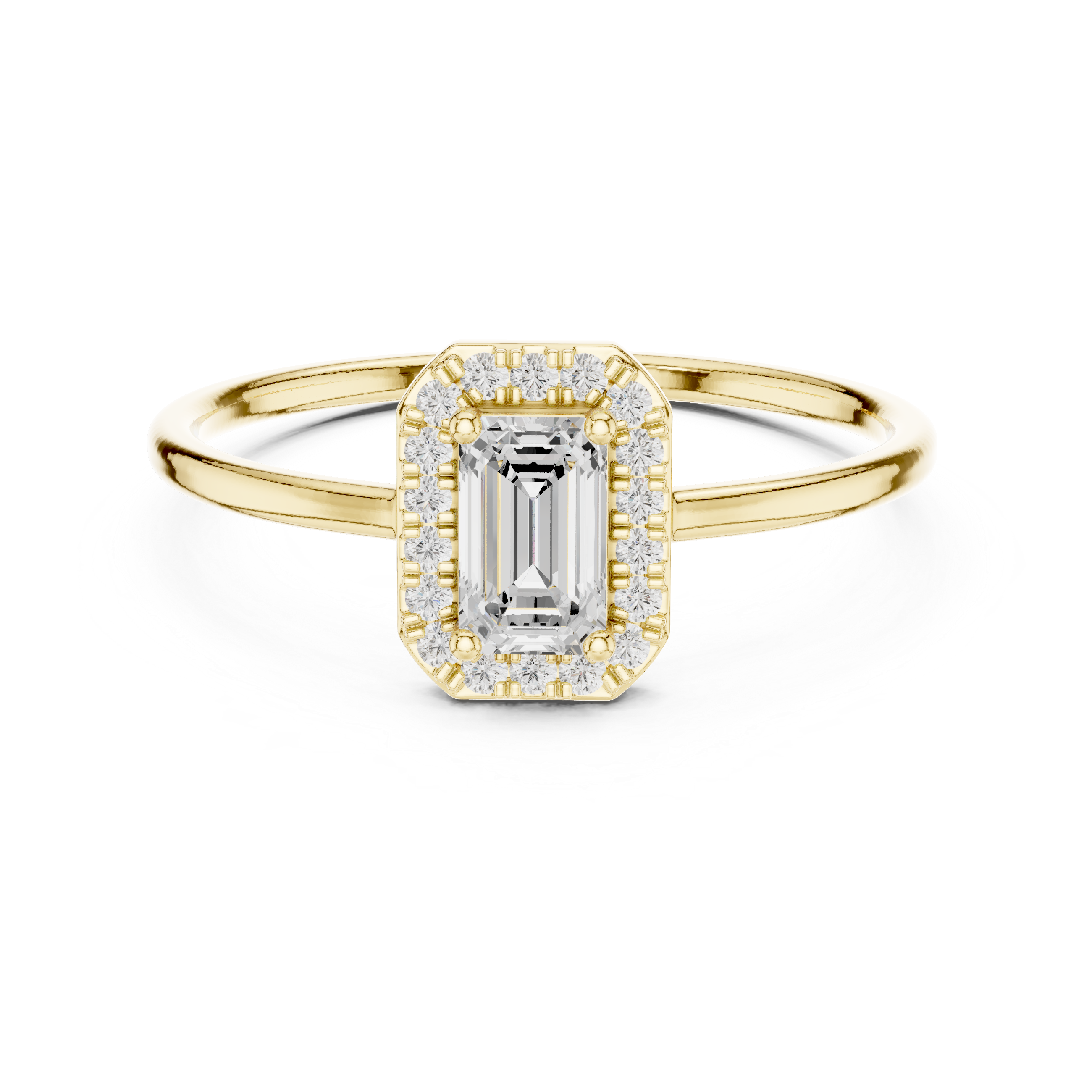 Ladies emerald halo diamond ring in gold with emerald and round lab grown diamonds by Signora Jewels