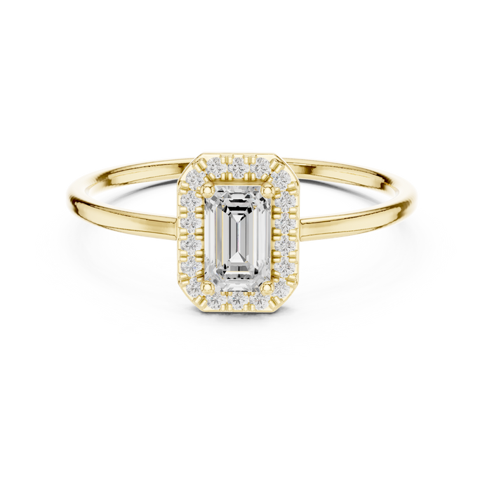 Ladies emerald halo diamond ring in gold with emerald and round lab grown diamonds by Signora Jewels
