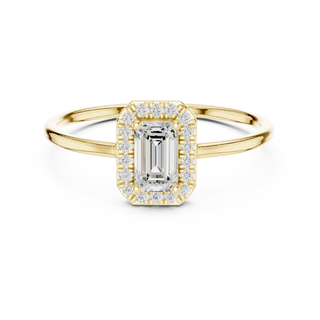 Emerald lab grown diamond halo ring in yellow gold