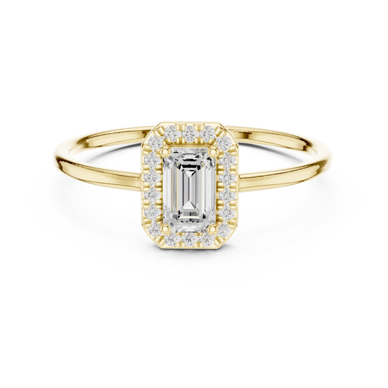 Emerald lab grown diamond halo ring in yellow gold