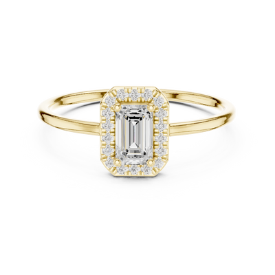 Ladies emerald halo diamond ring in gold with emerald and round lab grown diamonds by Signora Jewels