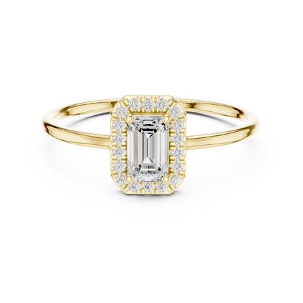 Ladies emerald halo diamond ring in gold with emerald and round lab grown diamonds by Signora Jewels