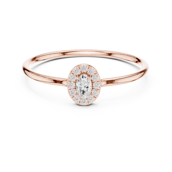 Ladies oval halo diamond ring in gold with oval and round lab grown diamonds by Signora Jewels