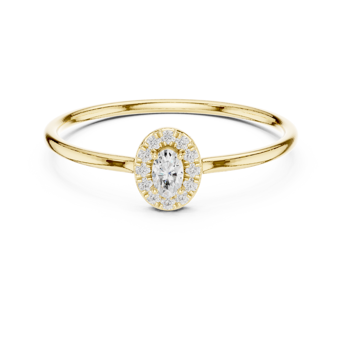 Ladies oval halo diamond ring in gold with oval and round lab grown diamonds by Signora Jewels