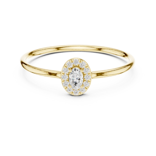 Oval lab grown diamond halo ring in yellow gold